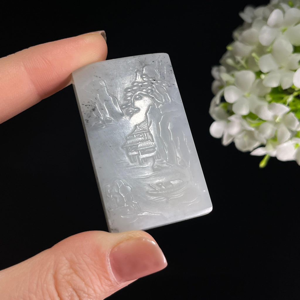 和田玉带墨青花“山水楼阁”籽料雕刻挂件（yc284612）