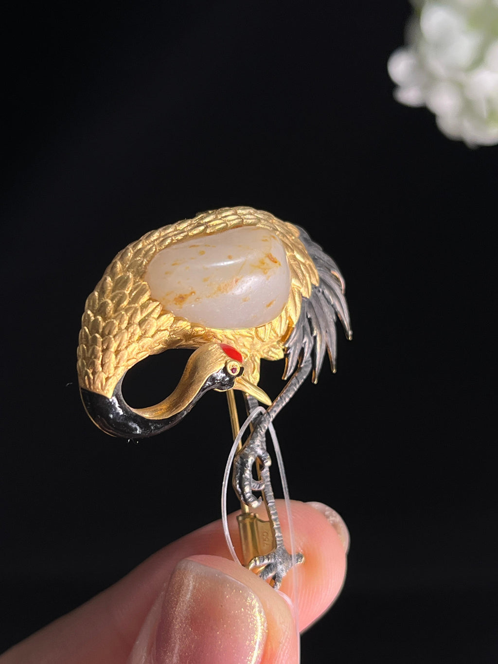 新疆天然和田玉籽料白玉18k金镶仙鹤胸针3（yc268288）