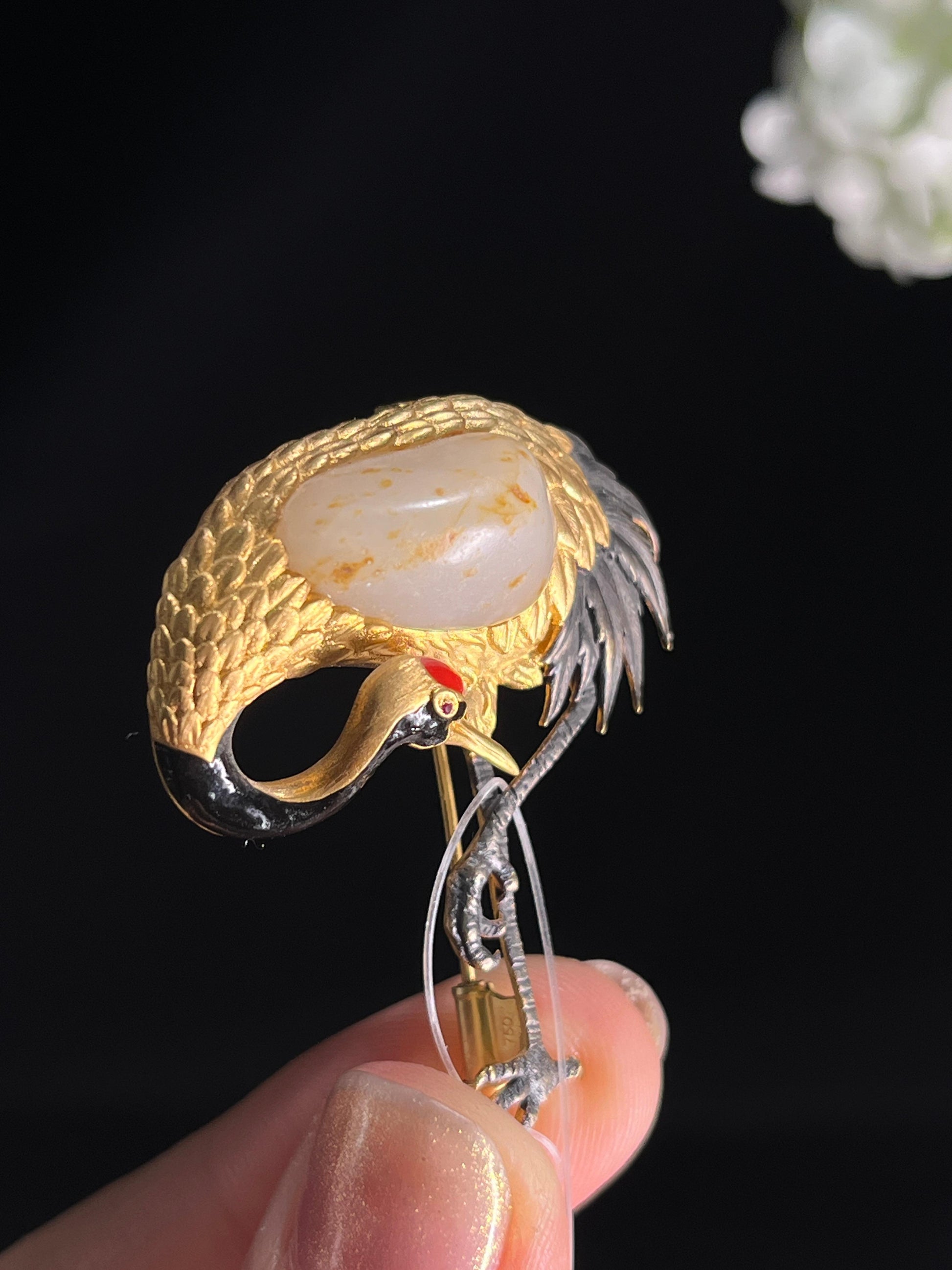新疆天然和田玉籽料白玉18k金镶仙鹤胸针3（yc268288）