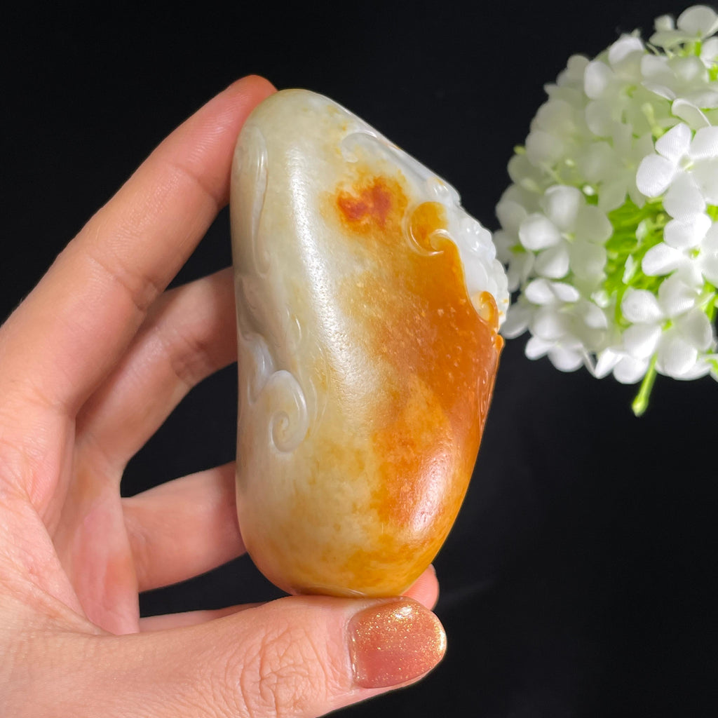 和田玉白玉聚红皮籽料貔貅把件（yc384224）