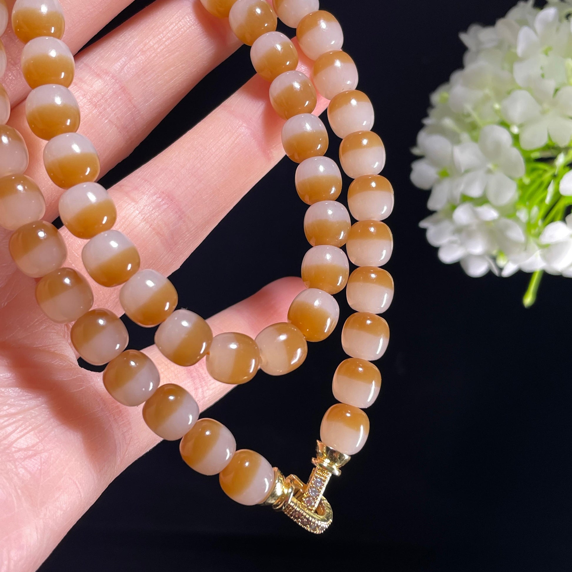 和田玉糖白玉聚宝盆圆珠项链（58颗）（yc389153）