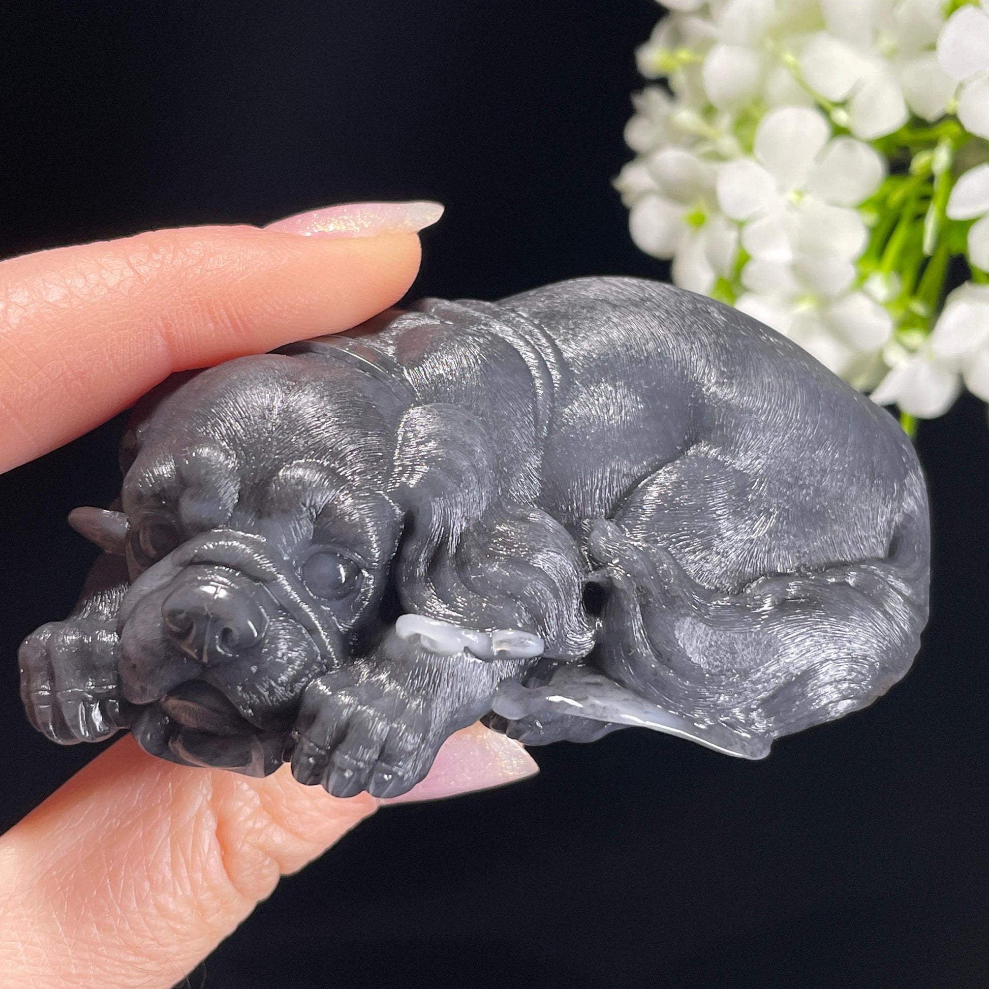 和田玉青花籽料“平安旺福”狗雕刻手把件（yc326465）