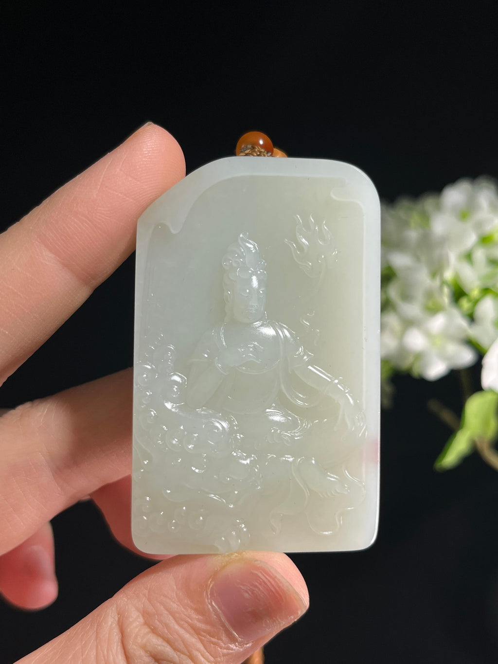 新疆和田玉籽料洒金皮“玉狮护佑”文殊菩萨观音无事牌（yc252132）