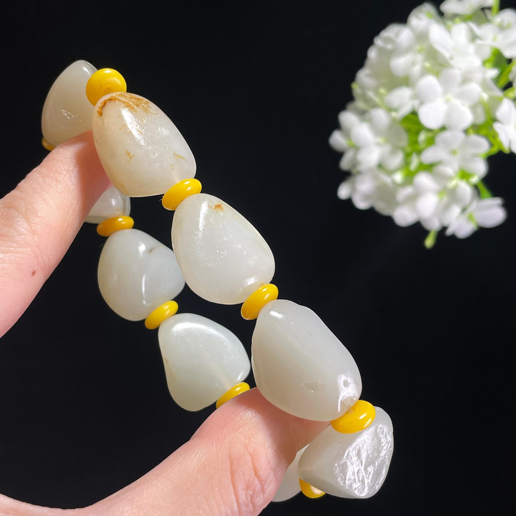和田玉白玉青白玉洒金皮原籽手串（yc369858）