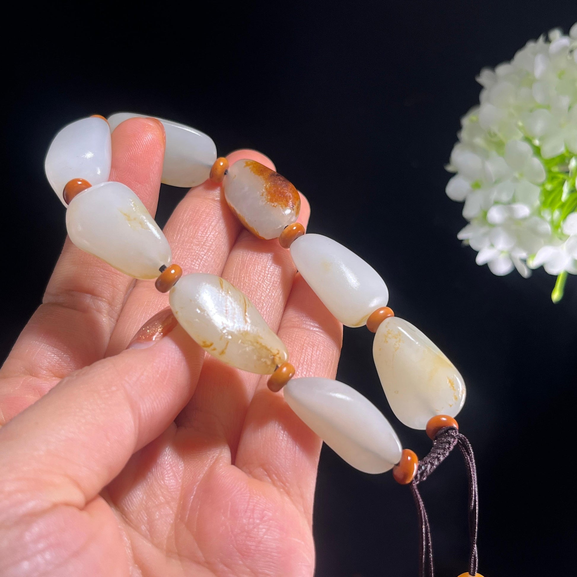 和田玉白玉青白玉枣红皮洒金皮原籽手串（yc388392）