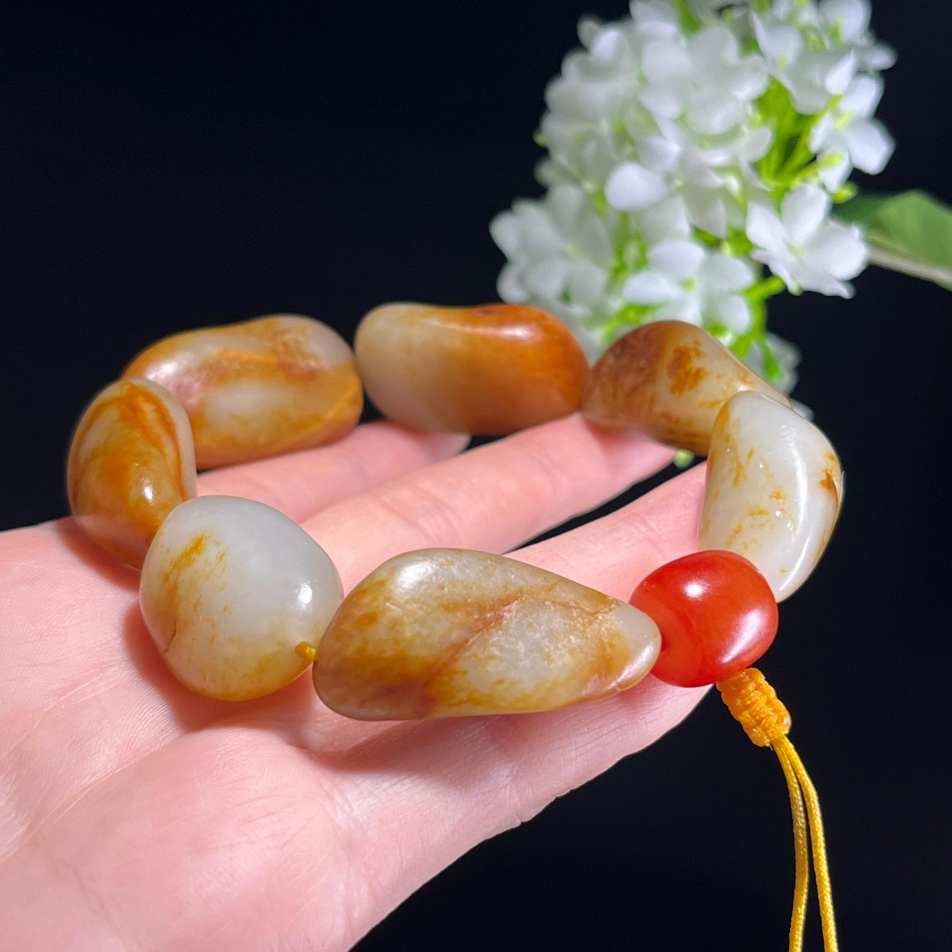 和田玉白玉洒金皮聚红皮枣红皮籽料原籽手串（yc347375）