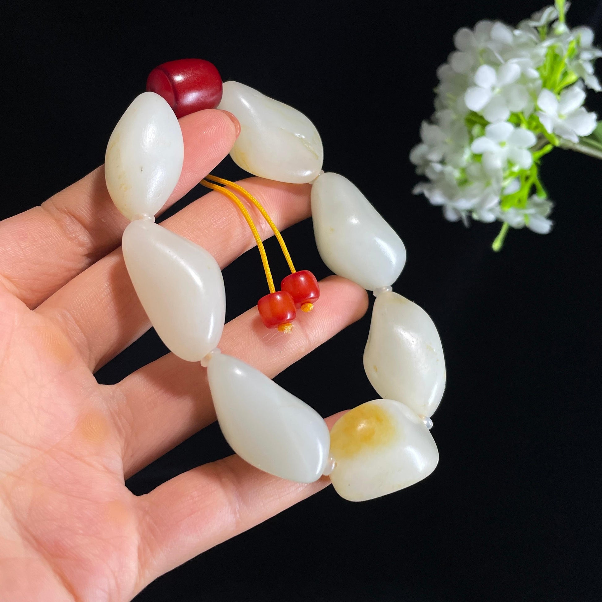 新疆天然和田玉白玉洒金皮原籽手串（yc410609）