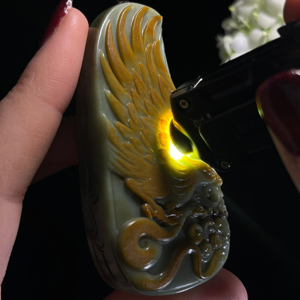 和田玉沙枣青“凤仪天下”红皮籽料凤凰雕刻（yc333870）