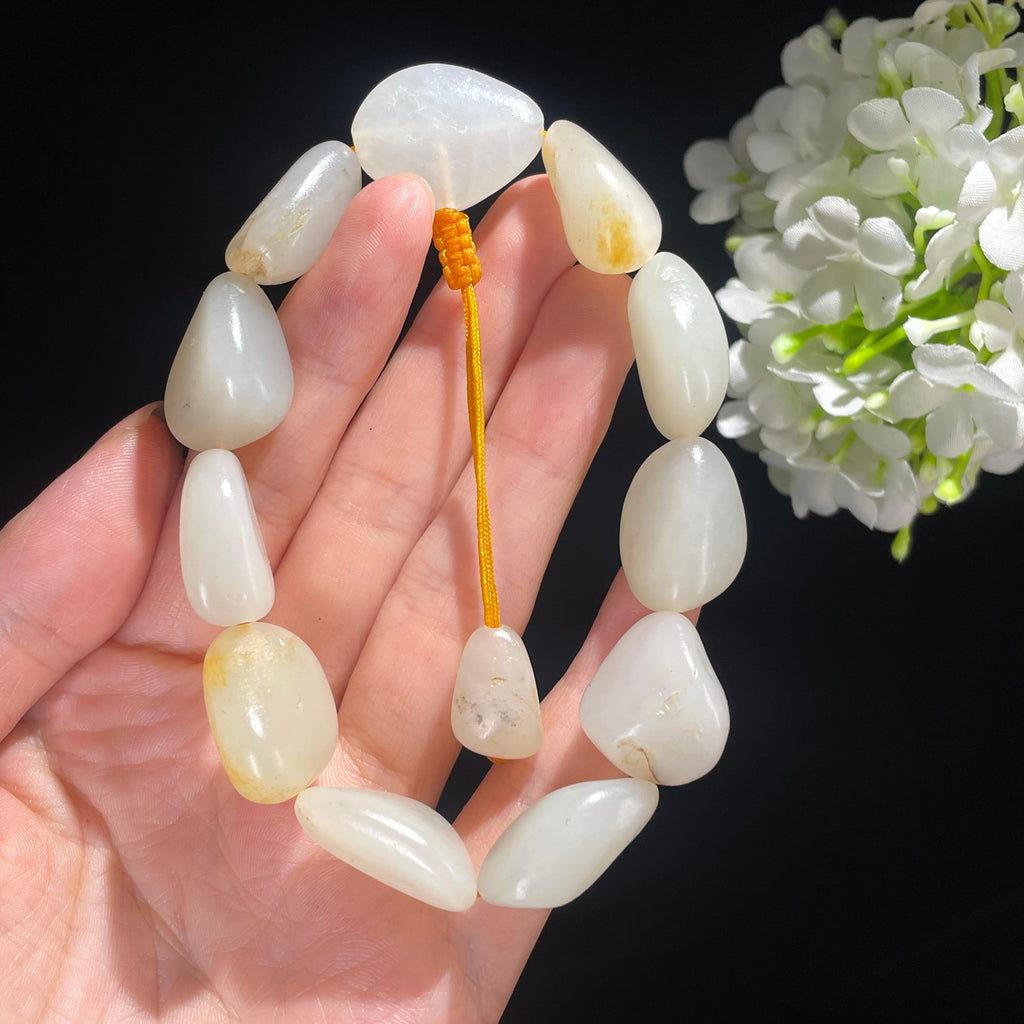 新疆和田玉白玉洒金皮原籽手串（11颗）（yc488923）