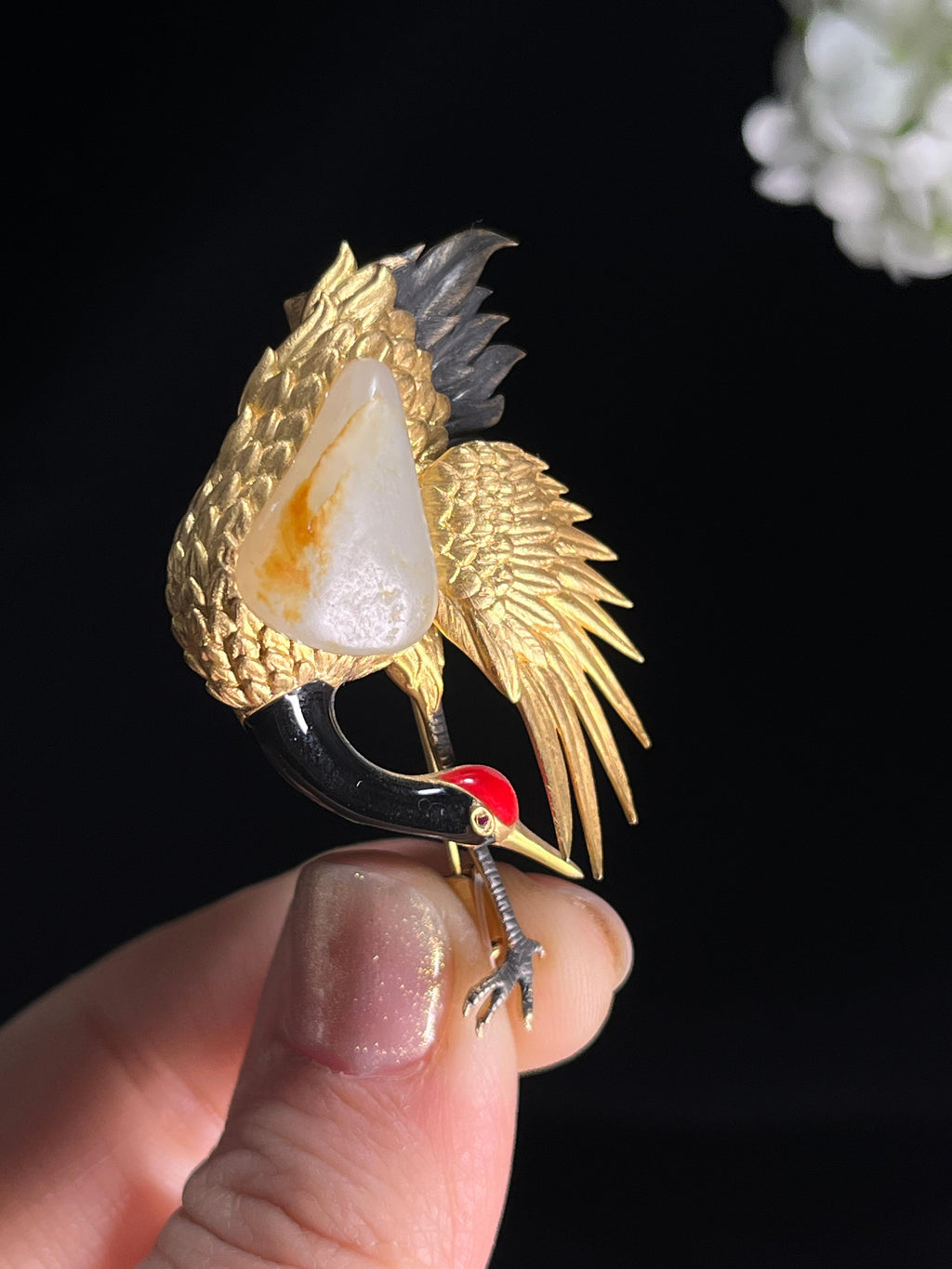 新疆天然和田玉籽料白玉18k金镶仙鹤胸针2（yc268286）