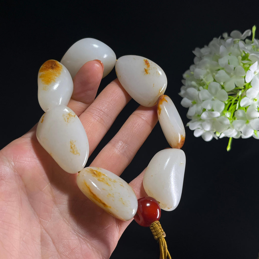 和田玉白玉洒金皮红皮原籽手串（yc389323）