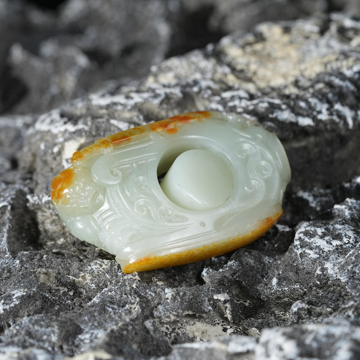 精品新疆和田玉红皮青玉龙凤扳指手把件（yc767587）