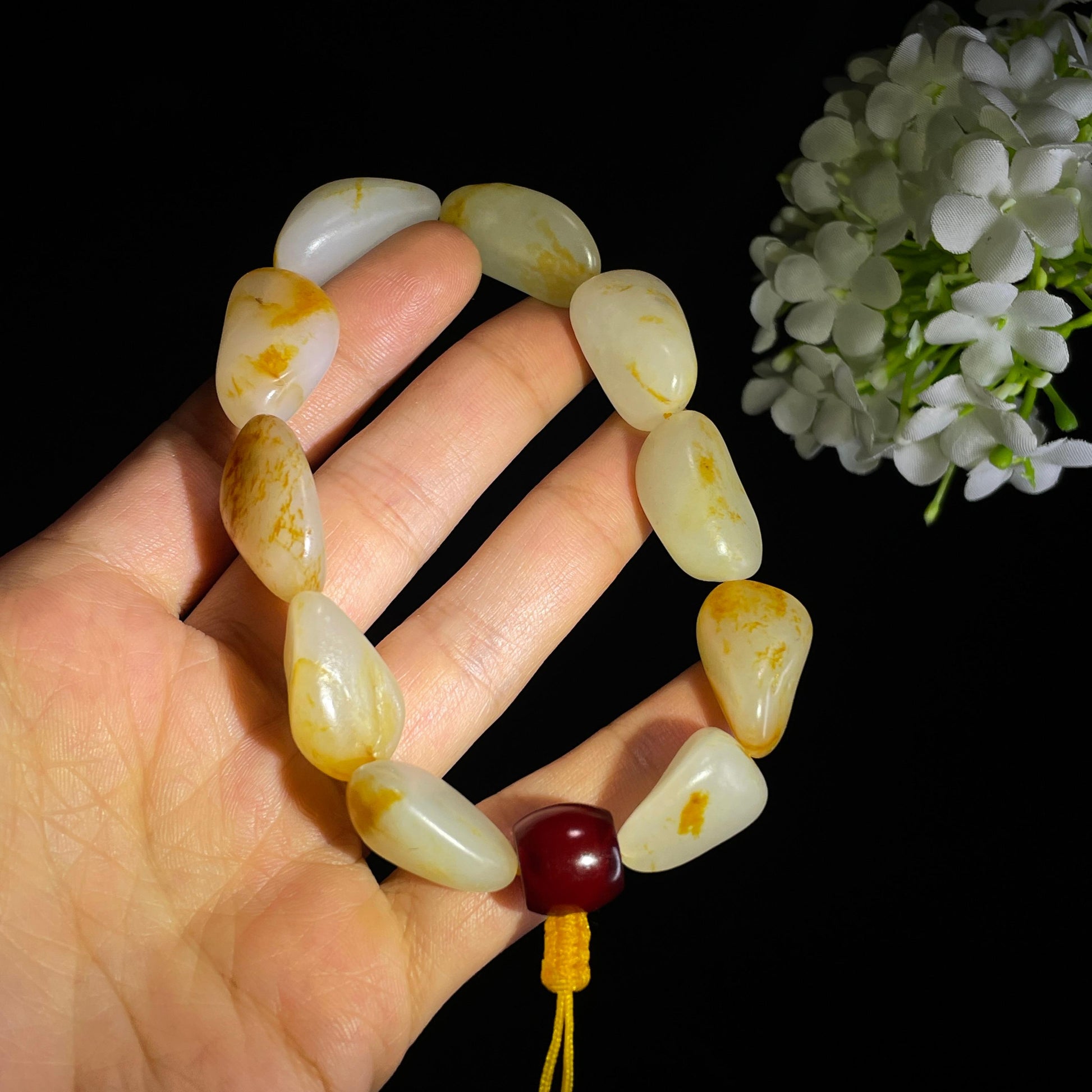 和田玉白玉青白玉洒金皮红皮原籽手串（yc356670）