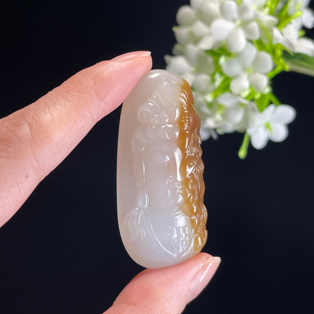 新疆天然和田玉“一念之间”糖白料佛魔雕刻挂件（yc314361）