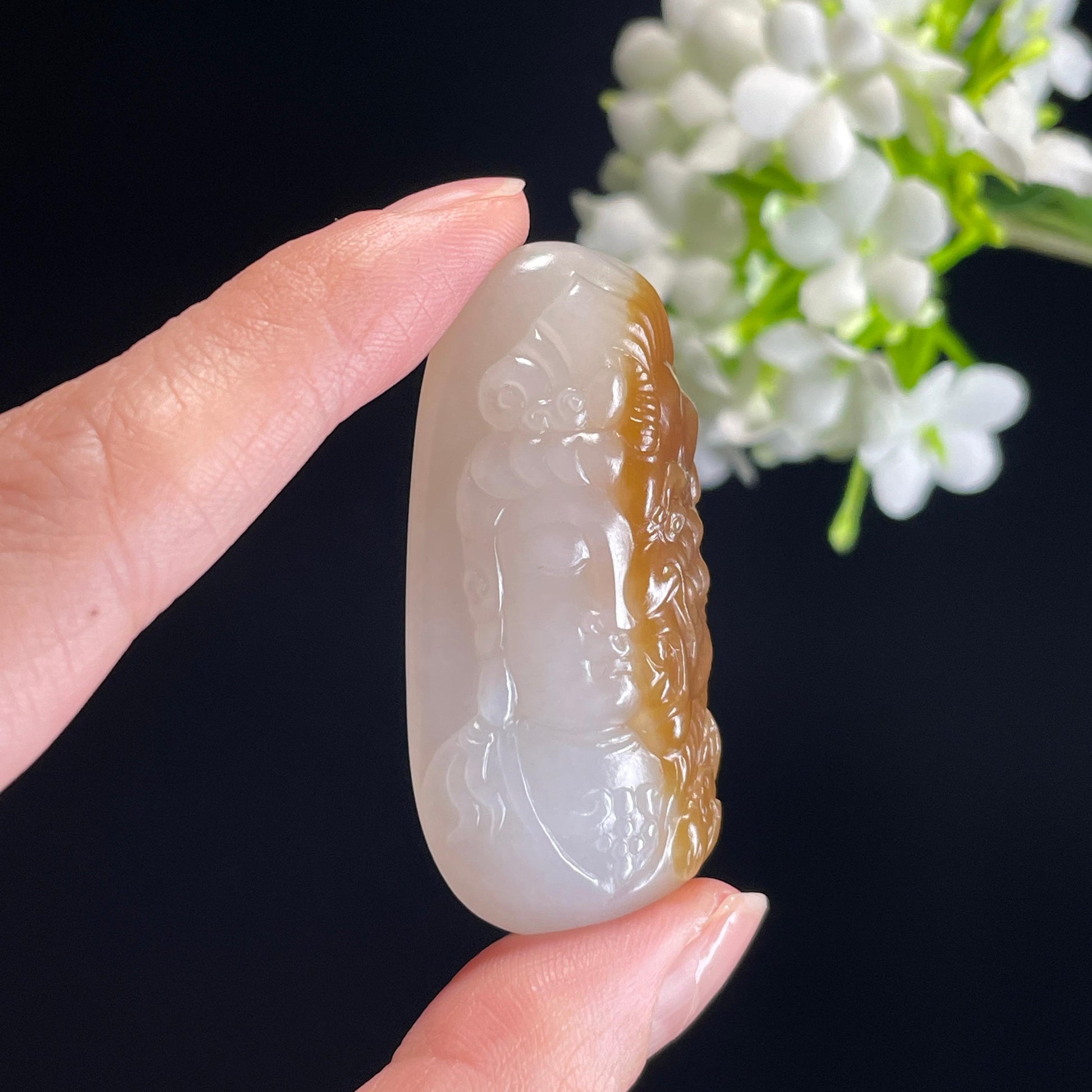 新疆天然和田玉“一念之间”糖白料佛魔雕刻挂件（yc314361）