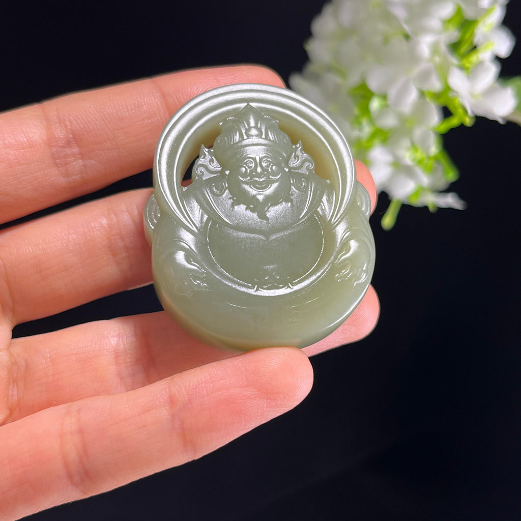 新疆天然和田玉沙枣青财神雕刻挂件（yc353783）