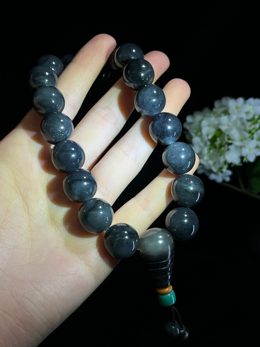 和田玉青花圆形珠手串（卡16）（yc254945）