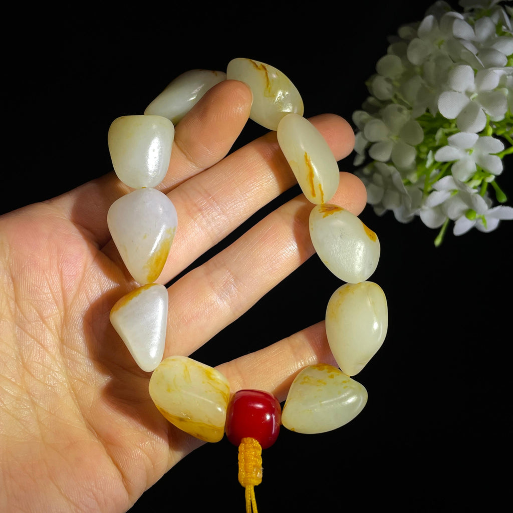 和田玉白玉洒金皮红皮黄沁皮原籽手串（yc356669）