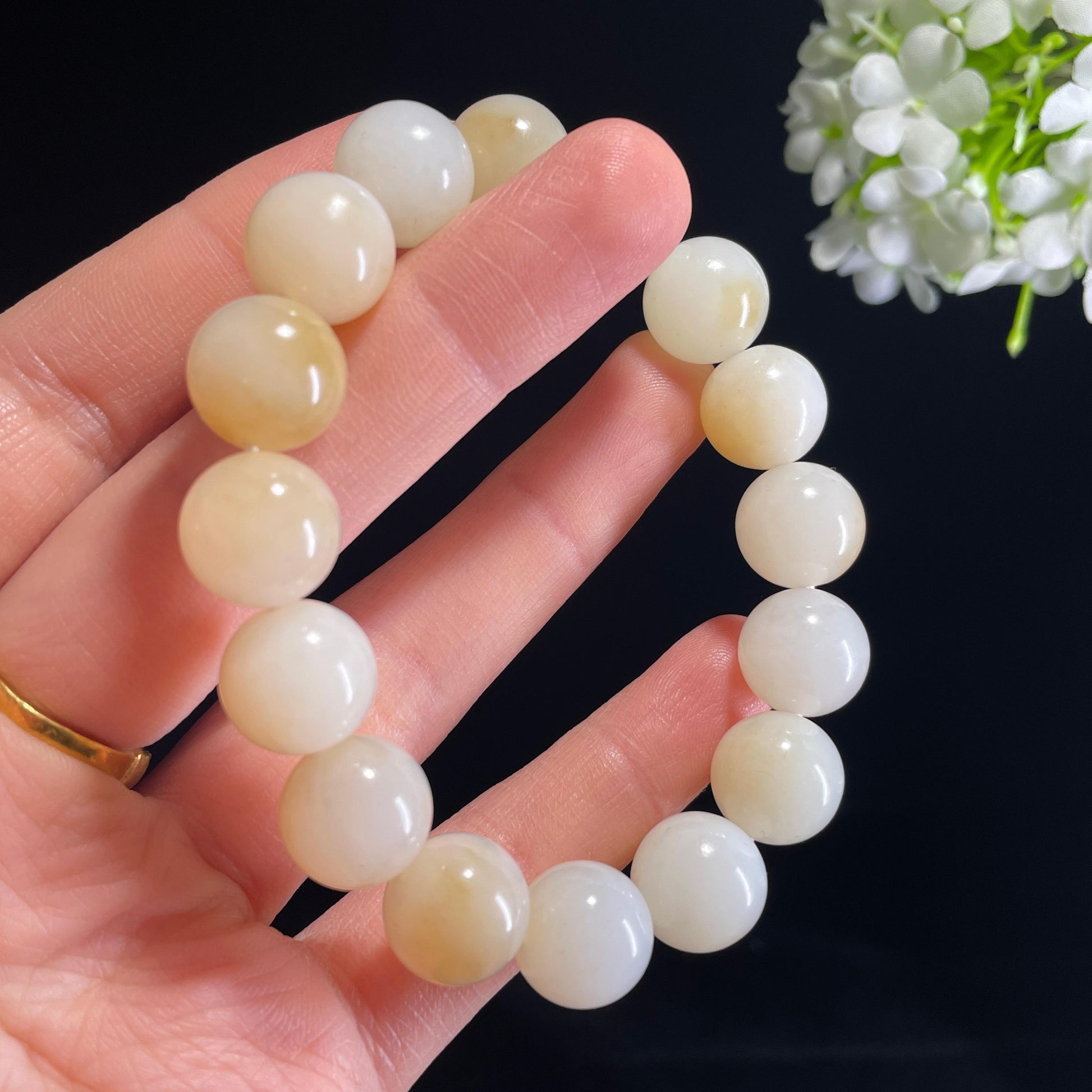 和田玉糖白玉“雪野暖光”圆珠手串（yc332153）